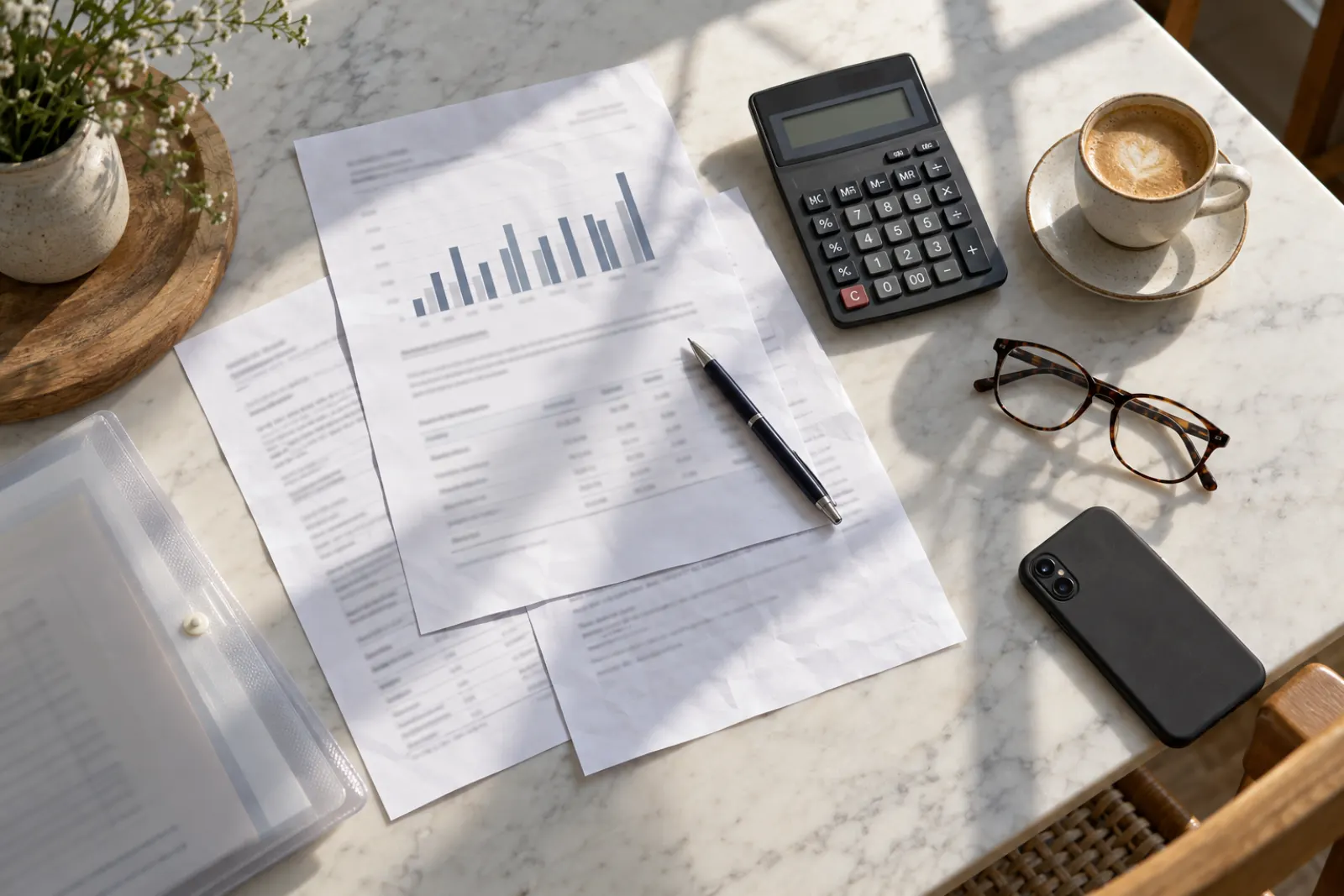 Presupuesto impreso, calculadora y café sobre una mesa de cocina