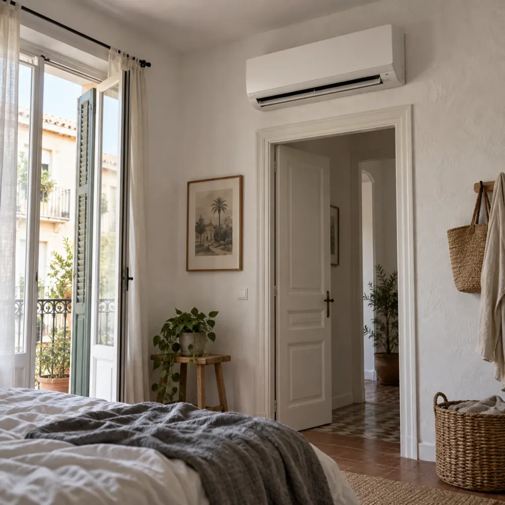 Dormitorio con un split de aire acondicionado instalado sobre la puerta