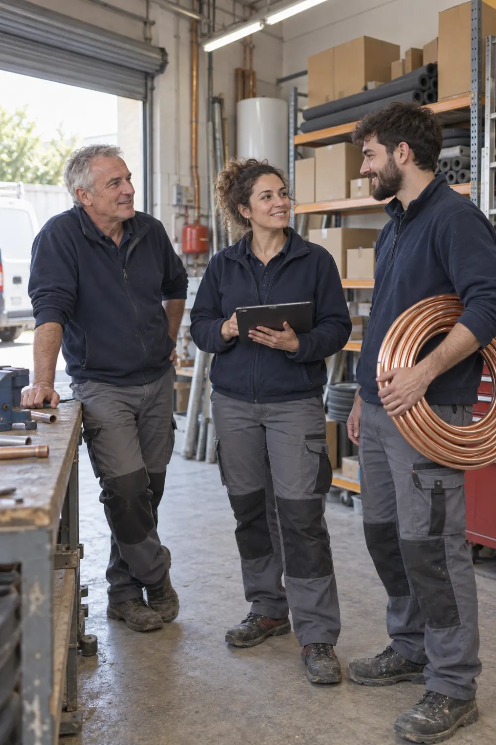 Tres miembros del equipo técnico conversando en el taller