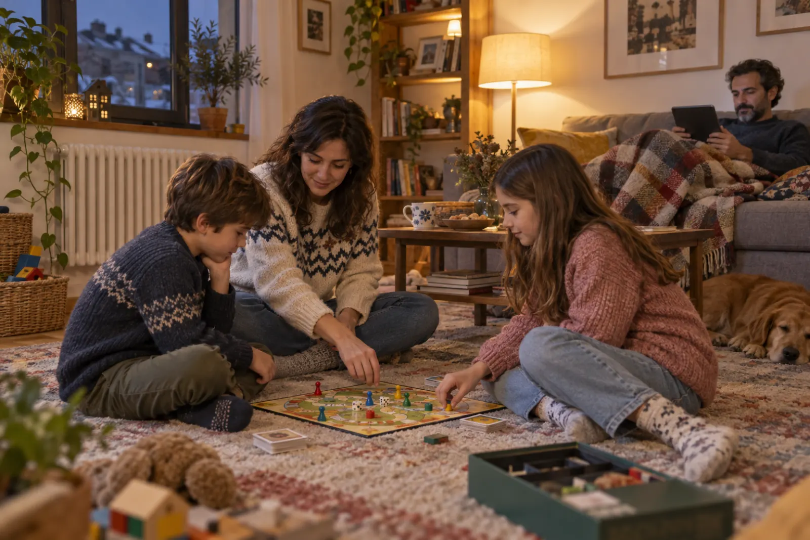 Familia jugando a un juego de mesa en el suelo del salón en una tarde de invierno, con un radiador bajo la ventana