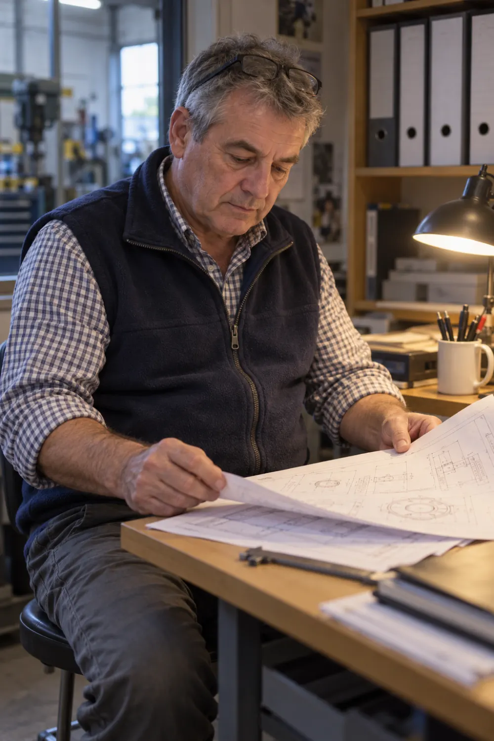 Fundador de la empresa revisando un plano técnico en la oficina del taller