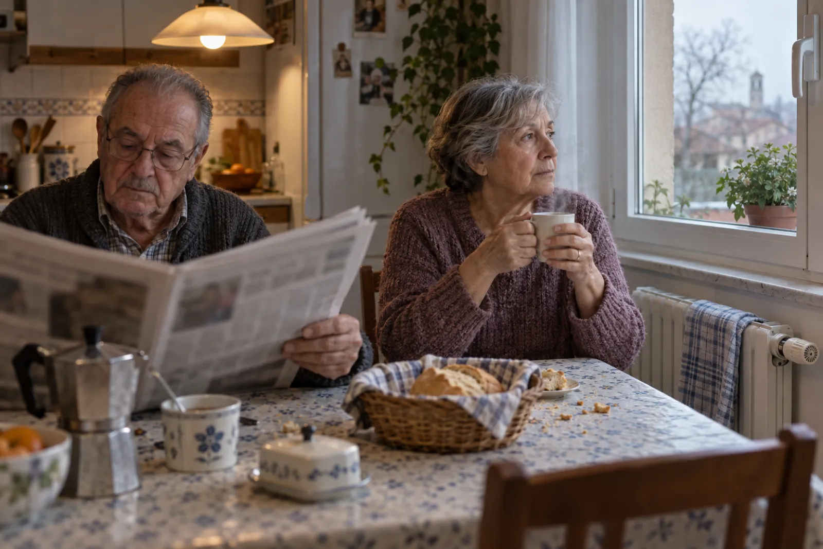 Pareja mayor desayunando en su cocina en invierno junto a un radiador bajo la ventana