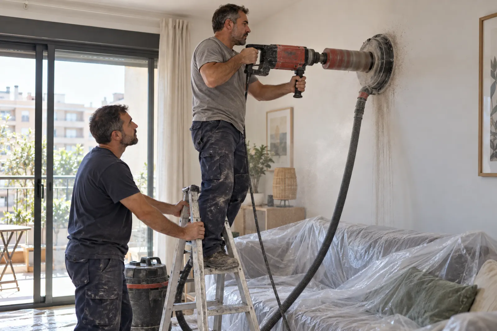 Dos instaladores taladrando la pared de un salón protegido con plásticos para pasar las tuberías