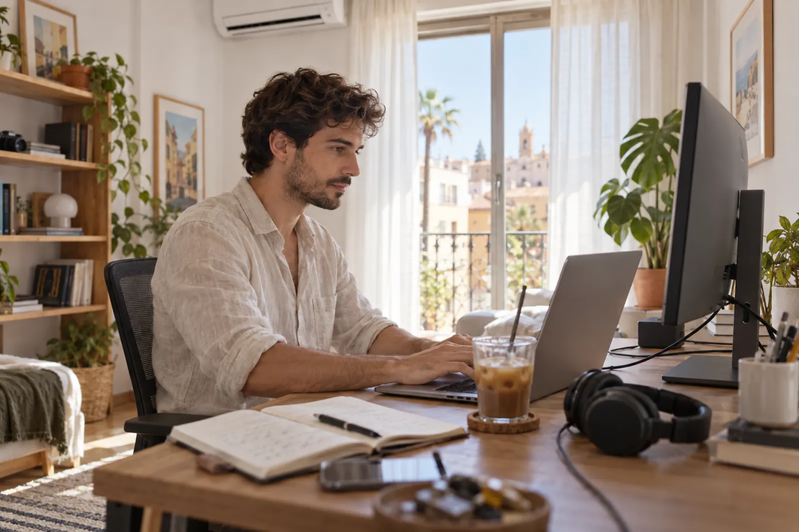 Hombre trabajando con el portátil en su casa con un split de aire acondicionado sobre la ventana